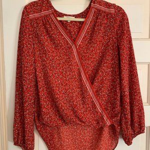 Max Studio Long Sleeve Red Shirt with Tiny Blue and White Pattern - Size Small